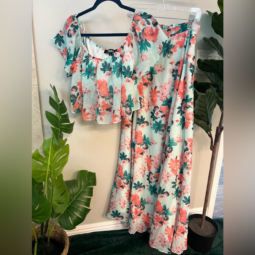 Floral flowy two piece set with off the shoulder top and high slit maxi skirt